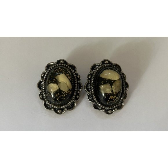 Vintage Gold Sparkle Fleck Splatter Earrings Resin Jewelry '50s MCM Clip On Rare - Picture 1 of 6
